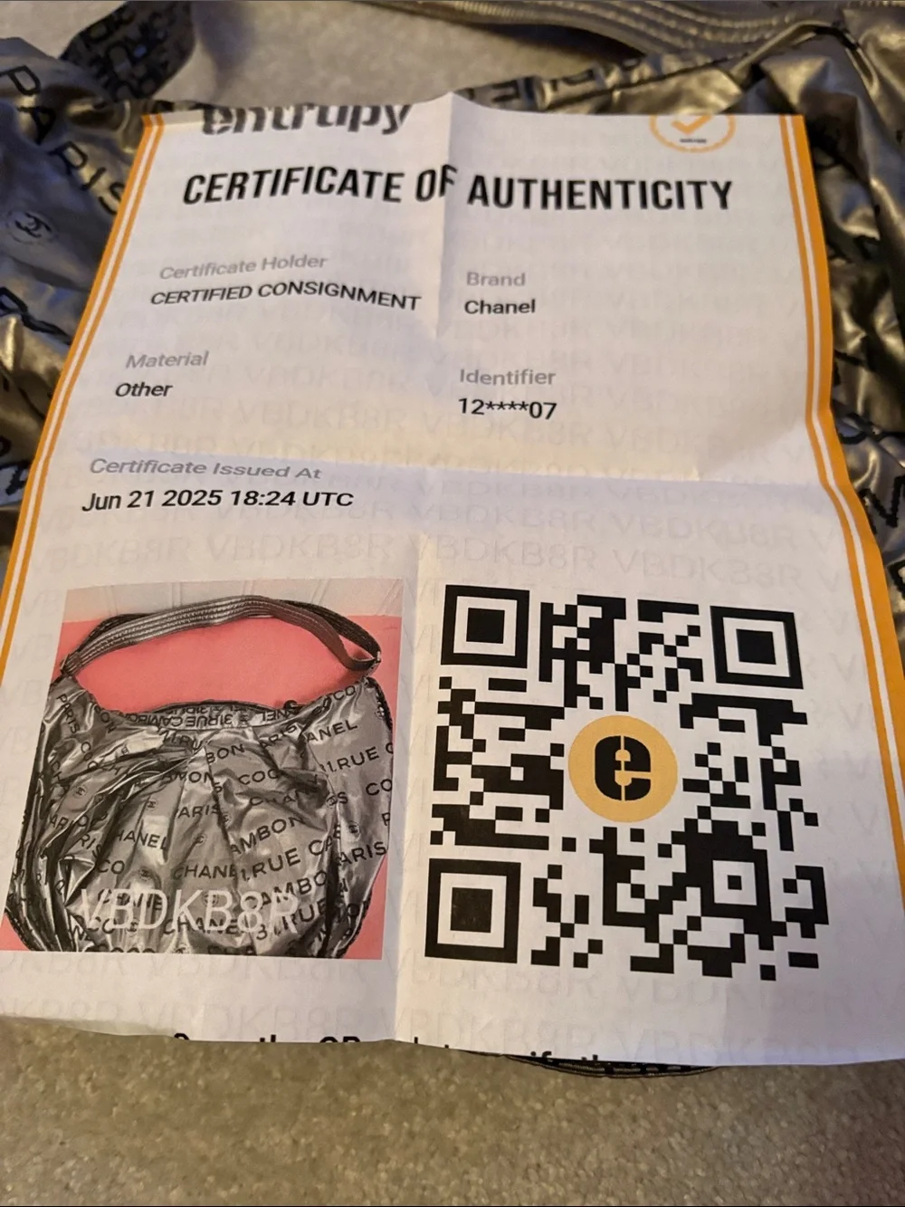Authentic CHANEL Metallic Silver Logo-Print Shoulder Bag - COA included